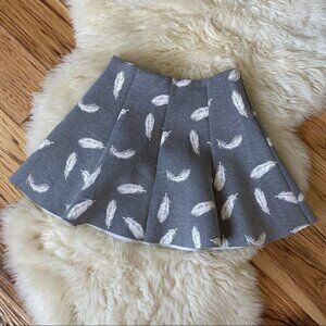 Grey Feather Print Flare Skirt Small Neoprene Like